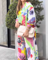 Flora – Colorful Floral Shirt & Wide Leg Pants Set
