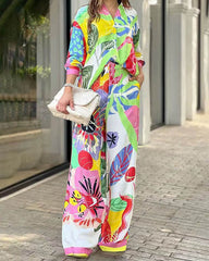 Flora – Colorful Floral Shirt & Wide Leg Pants Set
