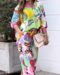 Flora – Colorful Floral Shirt & Wide Leg Pants Set
