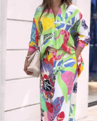 Flora – Colorful Floral Shirt & Wide Leg Pants Set
