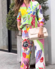 Flora – Colorful Floral Shirt & Wide Leg Pants Set
