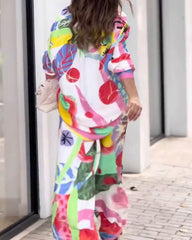 Flora – Colorful Floral Shirt & Wide Leg Pants Set