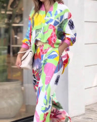 Flora – Colorful Floral Shirt & Wide Leg Pants Set