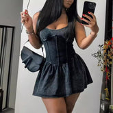 Elena β Distressed Patchwork Skirt with Suspenders for Women