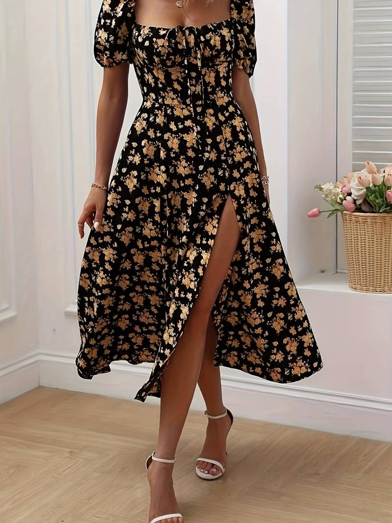 Ava - Floral A-Line Dress with Split Hem for Spring