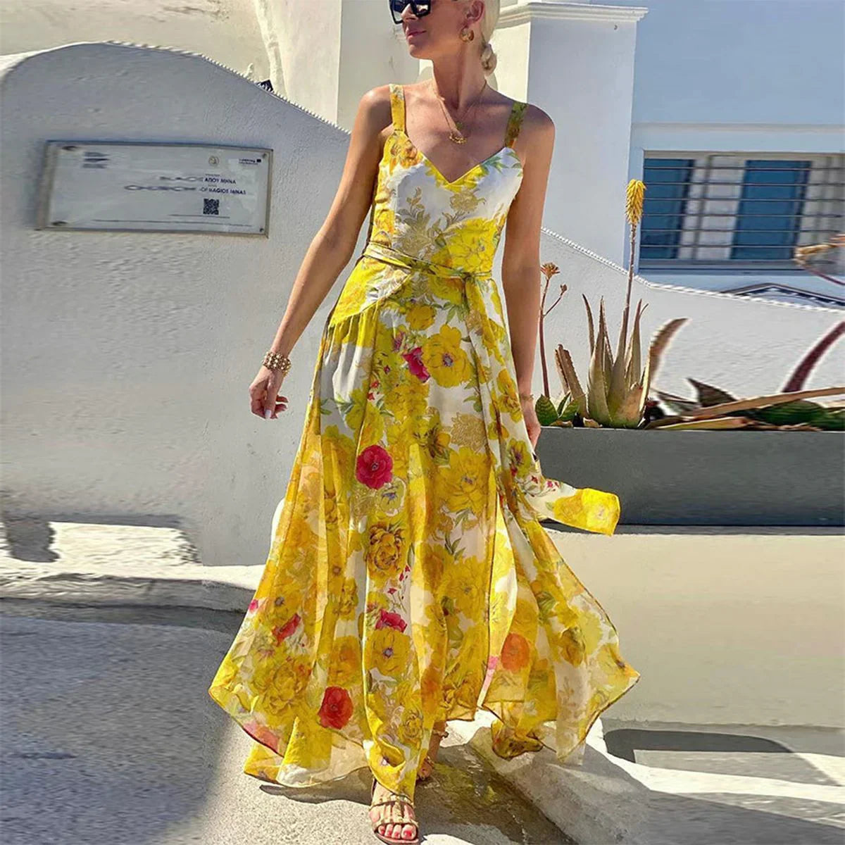 Maria - Yellow Maxi Dress with Spaghetti Straps and Floral Print