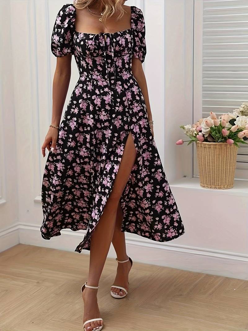 Ava - Floral A-Line Dress with Split Hem for Spring