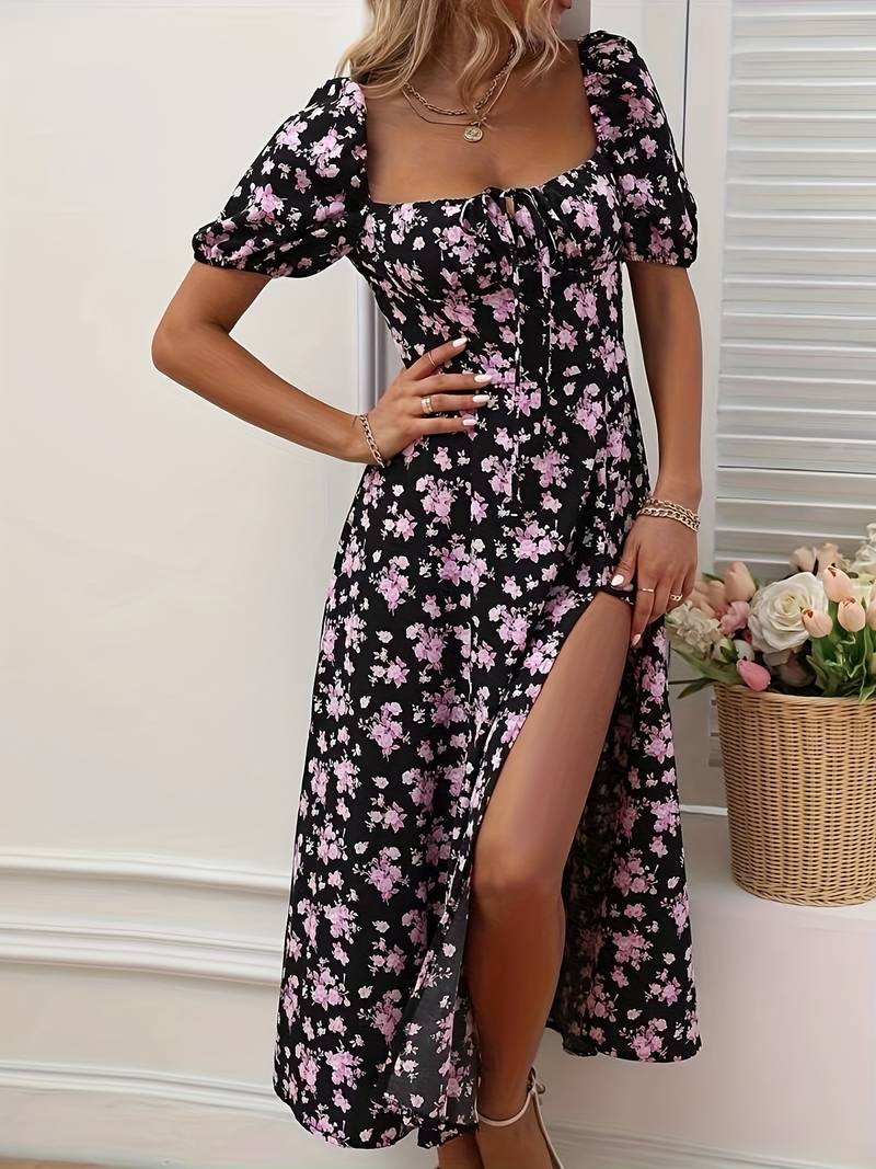 Ava - Floral A-Line Dress with Split Hem for Spring