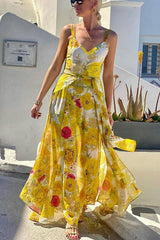 Maria - Yellow Maxi Dress with Spaghetti Straps and Floral Print