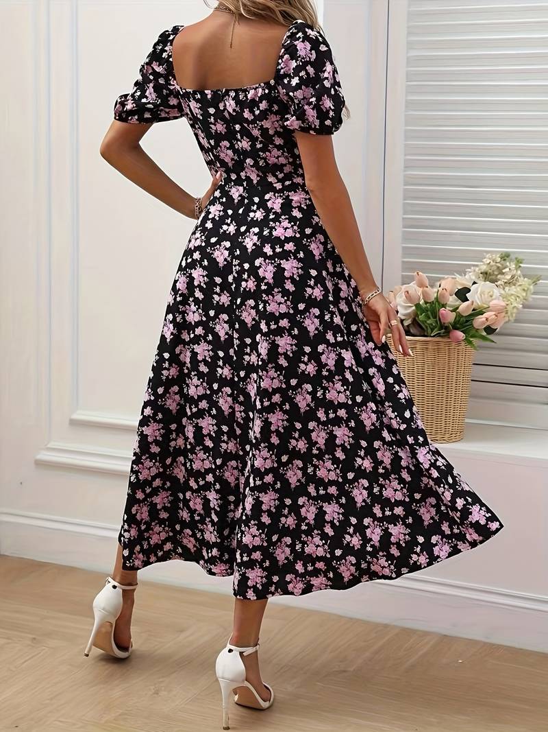 Ava - Floral A-Line Dress with Split Hem for Spring