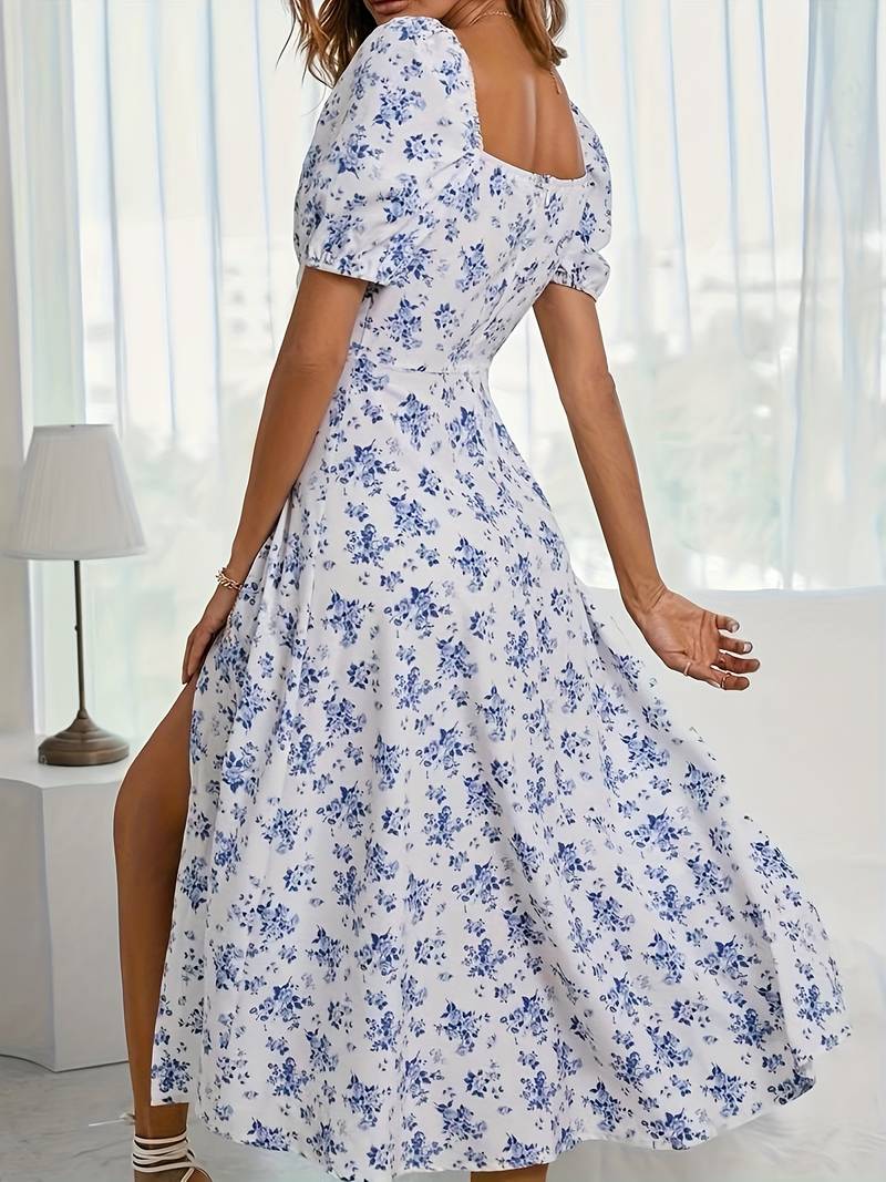 Ava - Floral A-Line Dress with Split Hem for Spring