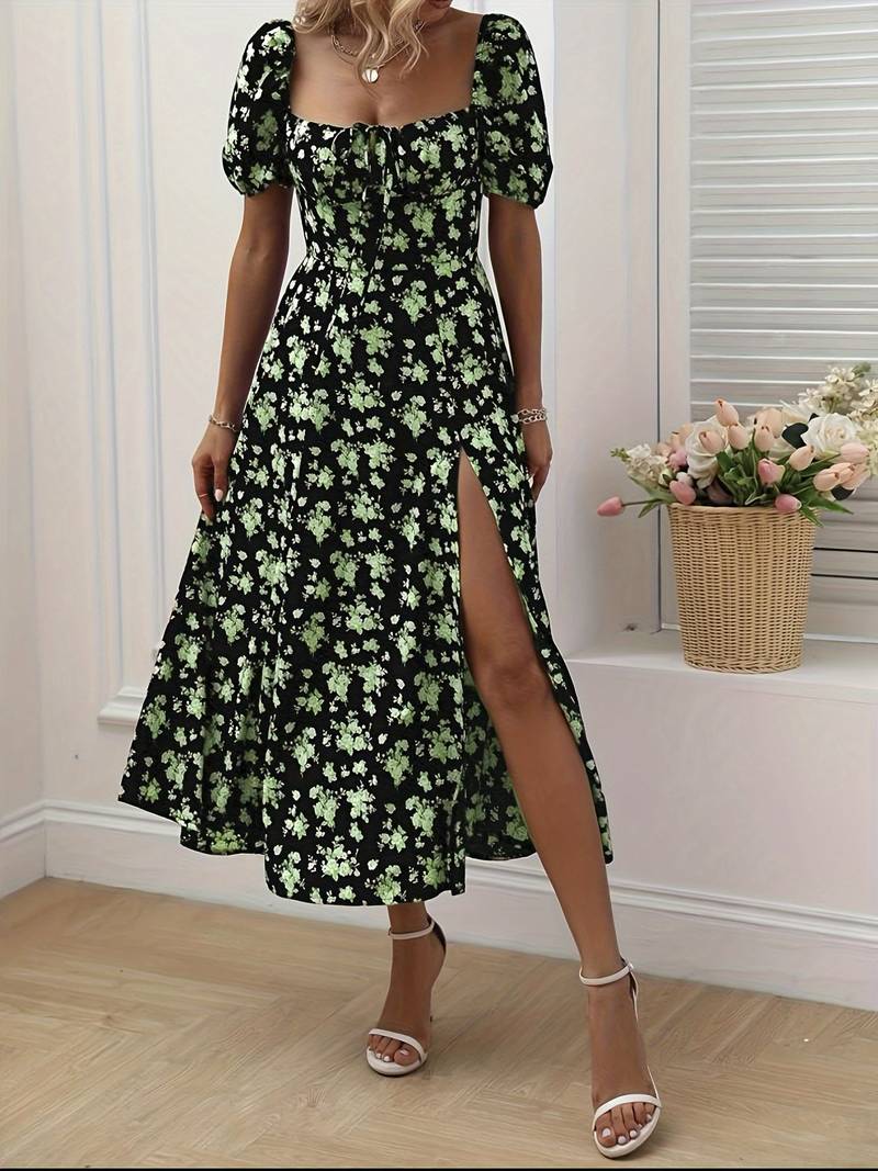 Ava - Floral A-Line Dress with Split Hem for Spring