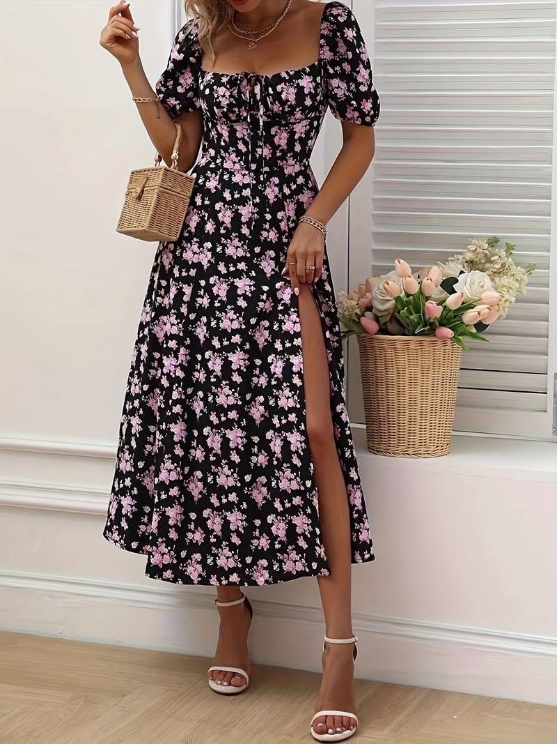 Ava - Floral A-Line Dress with Split Hem for Spring