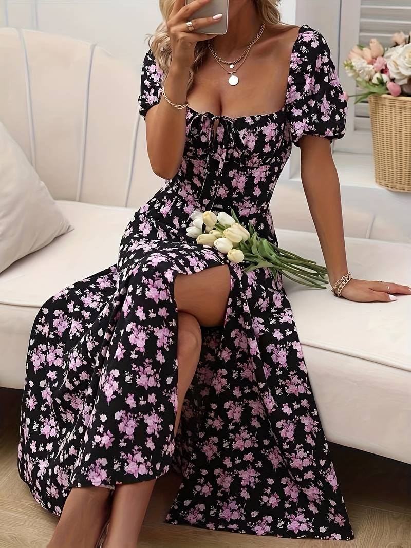 Ava - Floral A-Line Dress with Split Hem for Spring