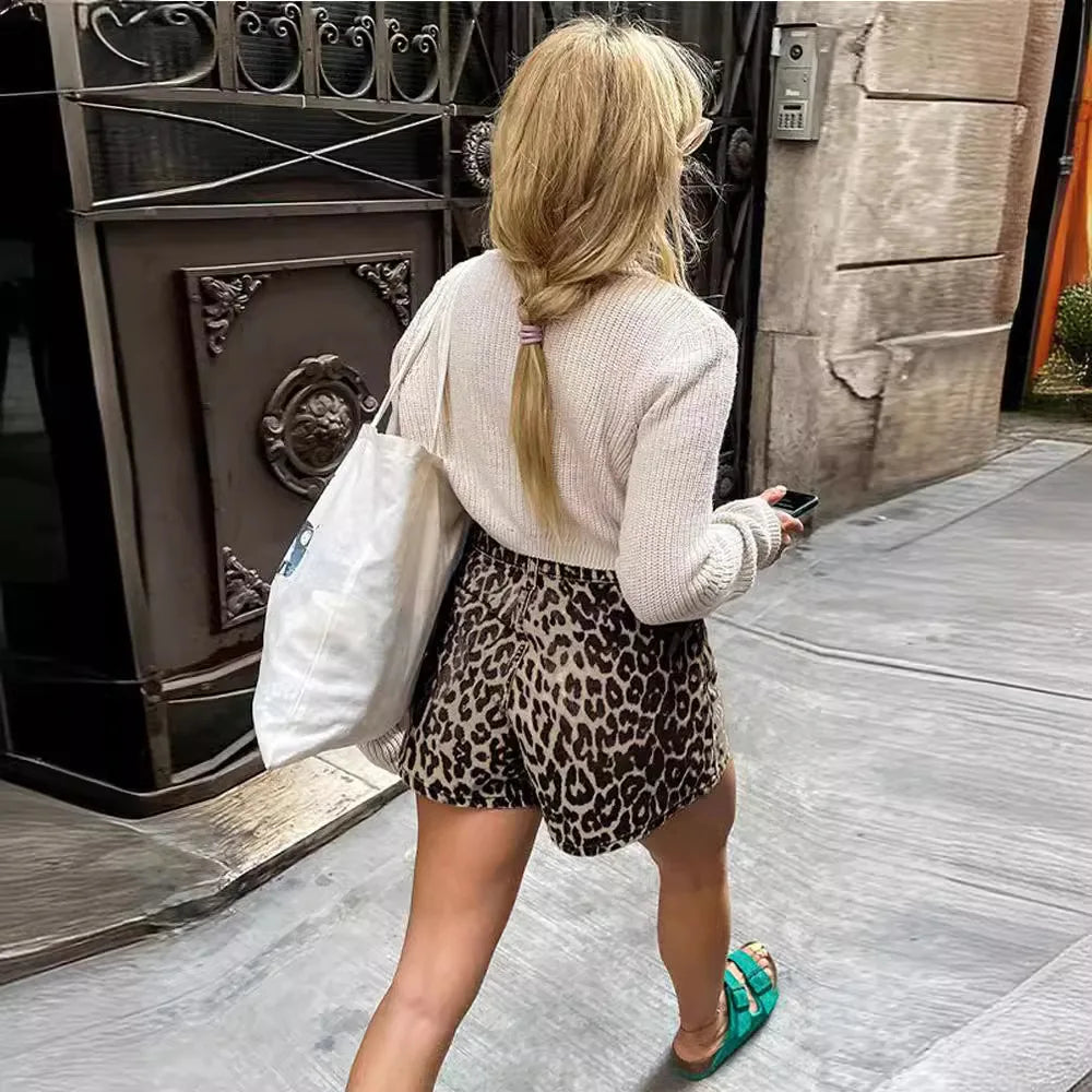 Adriana – Bold Leopard Denim Women’s Shorts