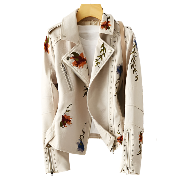 Isabella – Chic Retro Floral Vegan Leather Jacket for Women