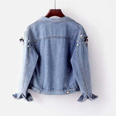 Sofia – Luxe Pearl-Embellished Women’s Denim Coat