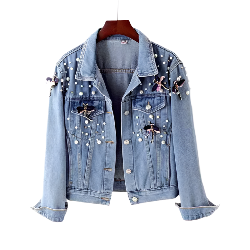 Sofia – Luxe Pearl-Embellished Women’s Denim Coat