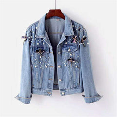 Sofia – Luxe Pearl-Embellished Women’s Denim Coat