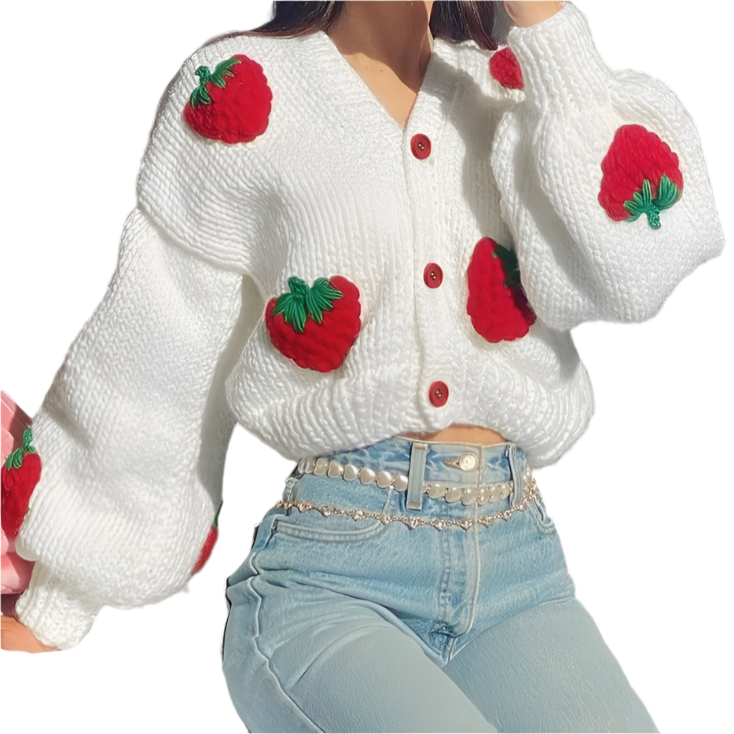 Clara – Cheerful Strawberry Women’s Knitted Cardigan