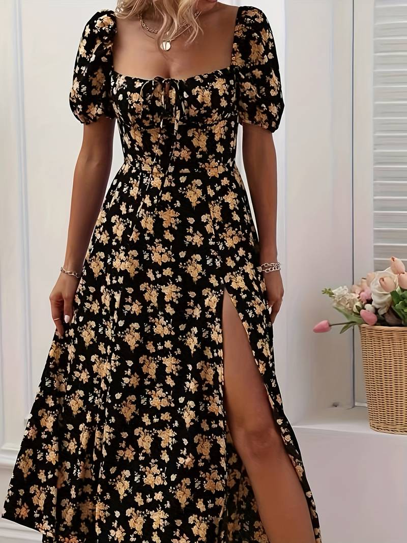 Ava - Floral A-Line Dress with Split Hem for Spring