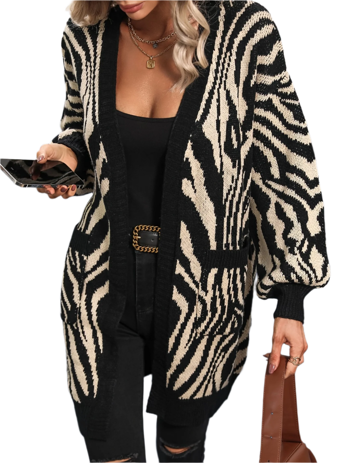 Gabriella – Elegant Women’s Zebra Stripe Knit Cardigan