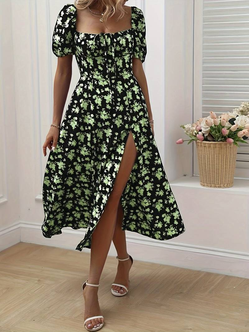 Ava - Floral A-Line Dress with Split Hem for Spring