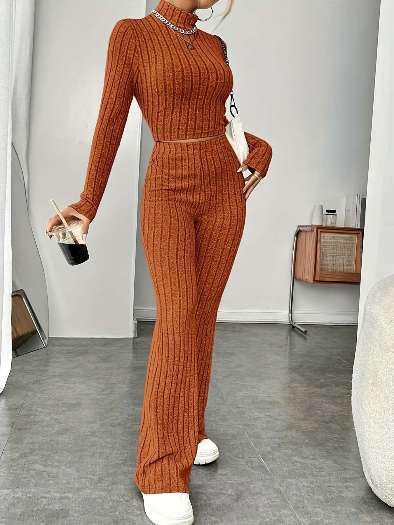 Isabella – Ribbed Knit Turtleneck and Flared Pants Set For Women