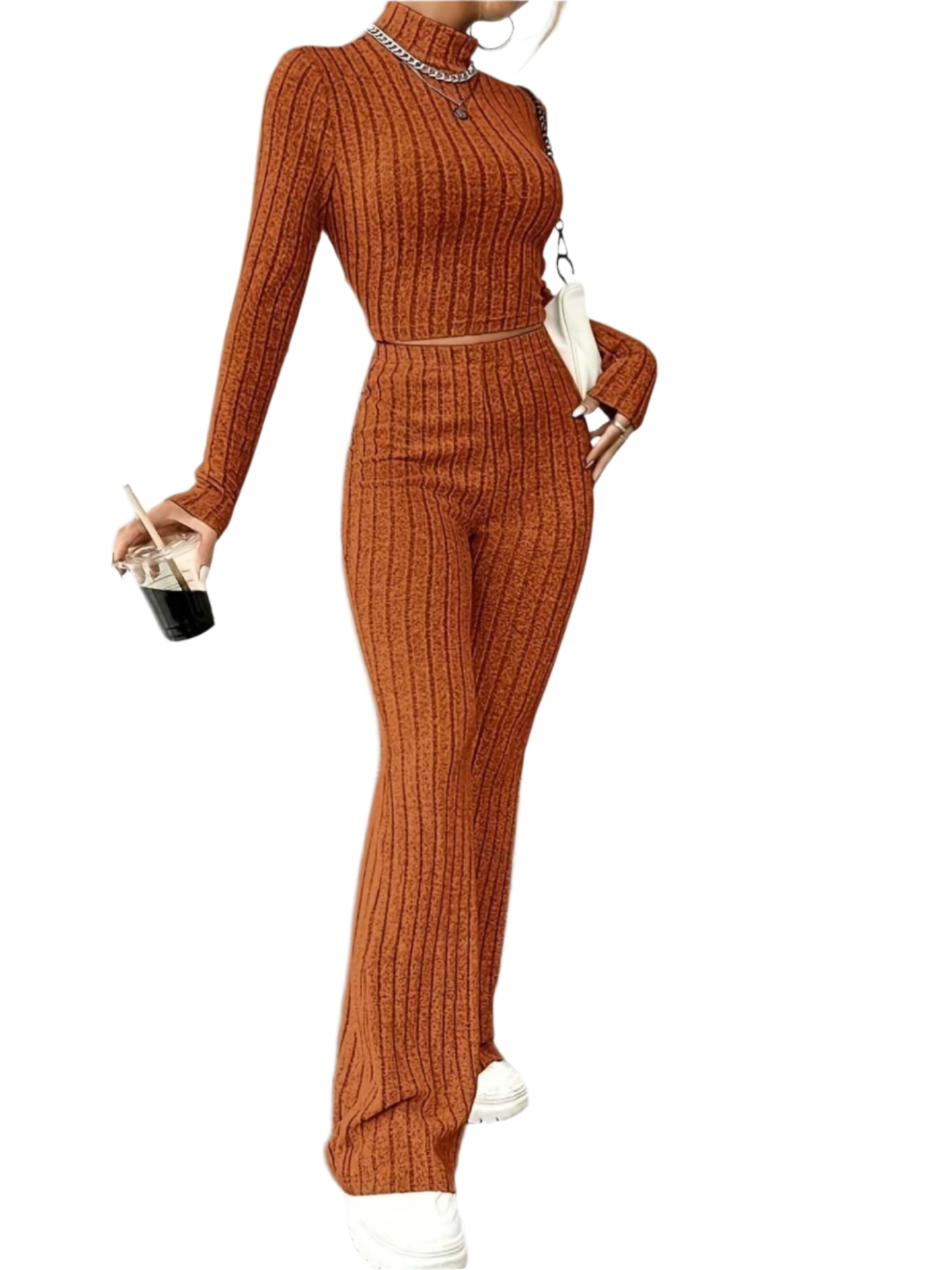 Isabella – Ribbed Knit Turtleneck and Flared Pants Set For Women