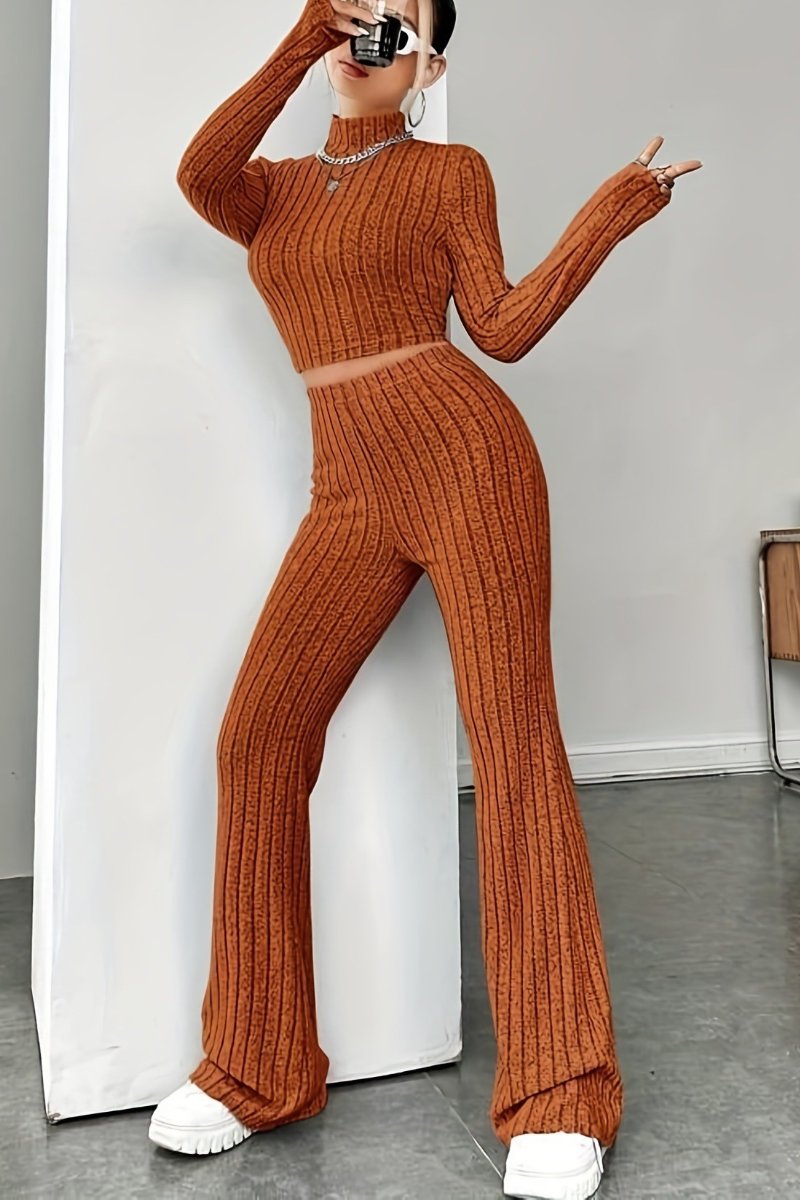 Isabella – Ribbed Knit Turtleneck and Flared Pants Set For Women