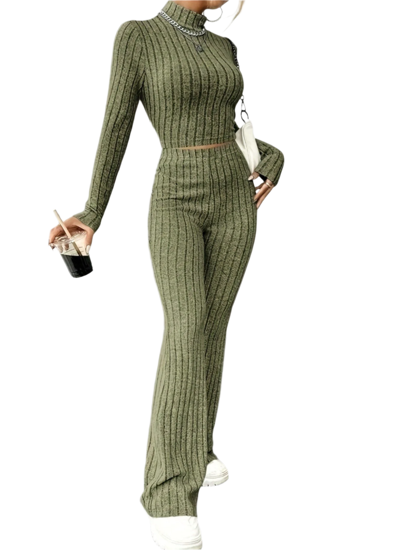 Isabella – Ribbed Knit Turtleneck and Flared Pants Set For Women