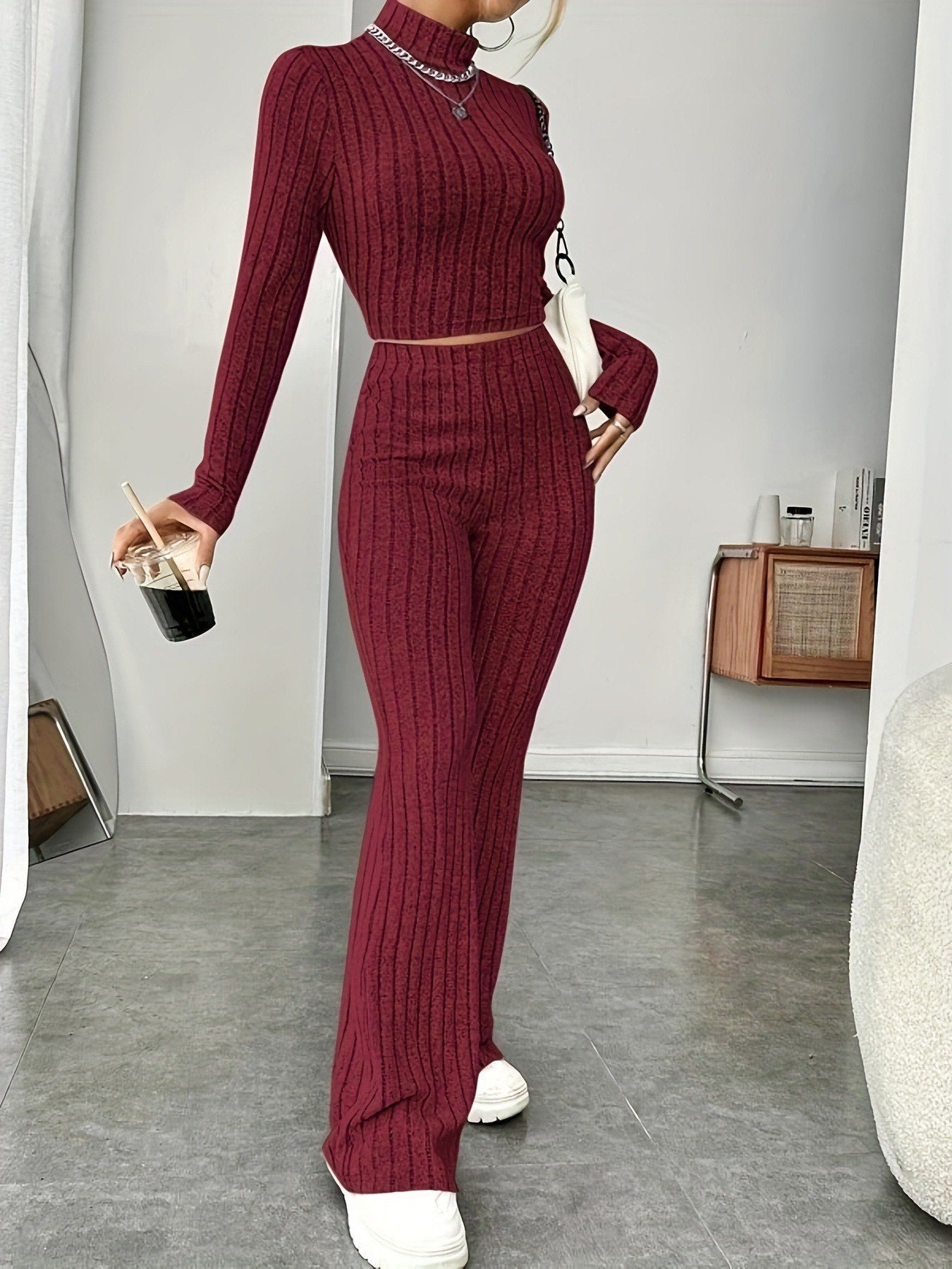 Isabella – Ribbed Knit Turtleneck and Flared Pants Set For Women