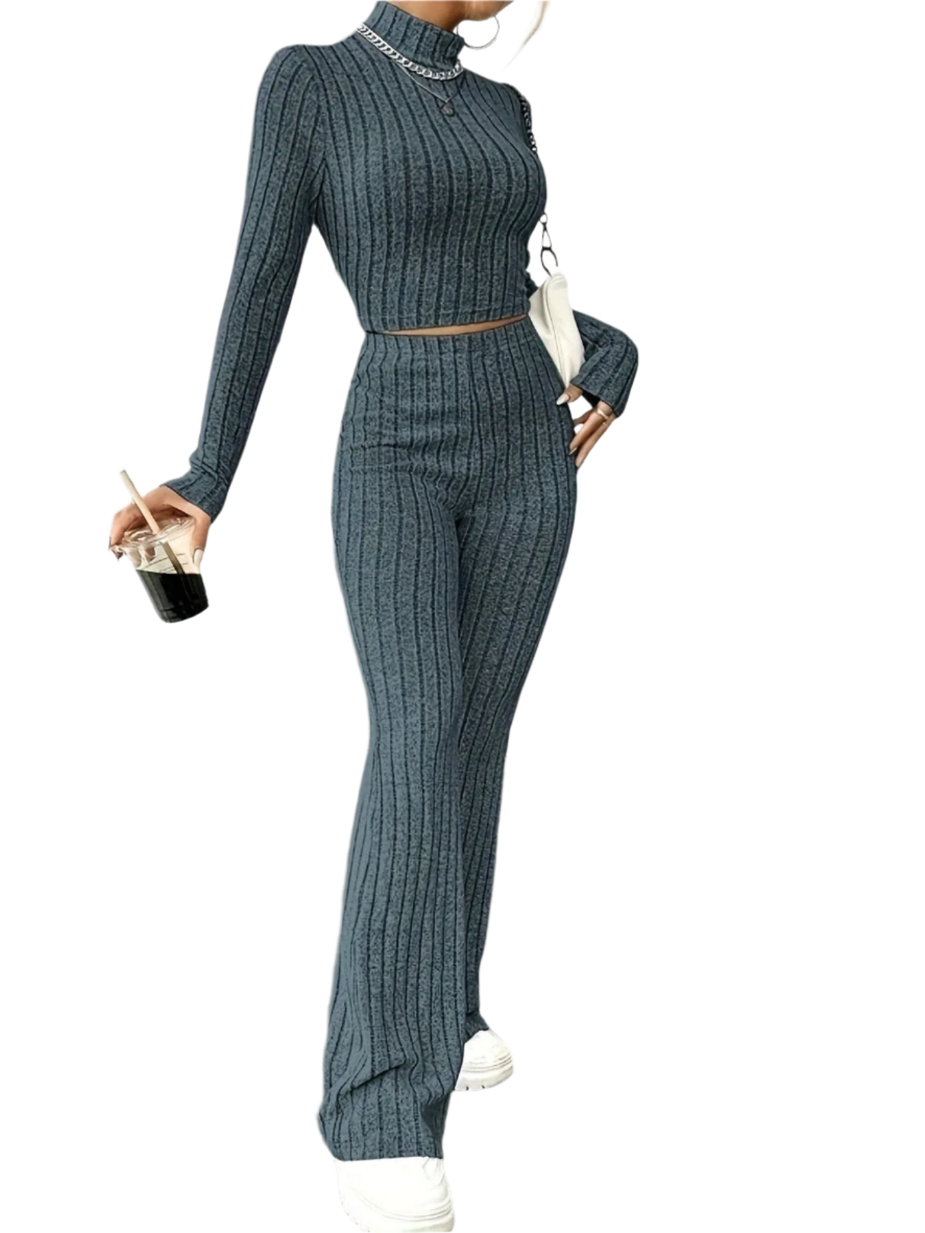 Isabella – Ribbed Knit Turtleneck and Flared Pants Set For Women