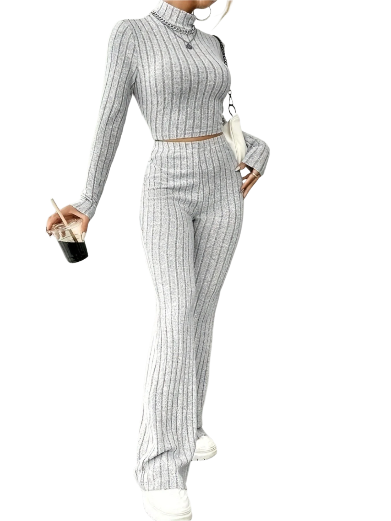 Isabella – Ribbed Knit Turtleneck and Flared Pants Set For Women
