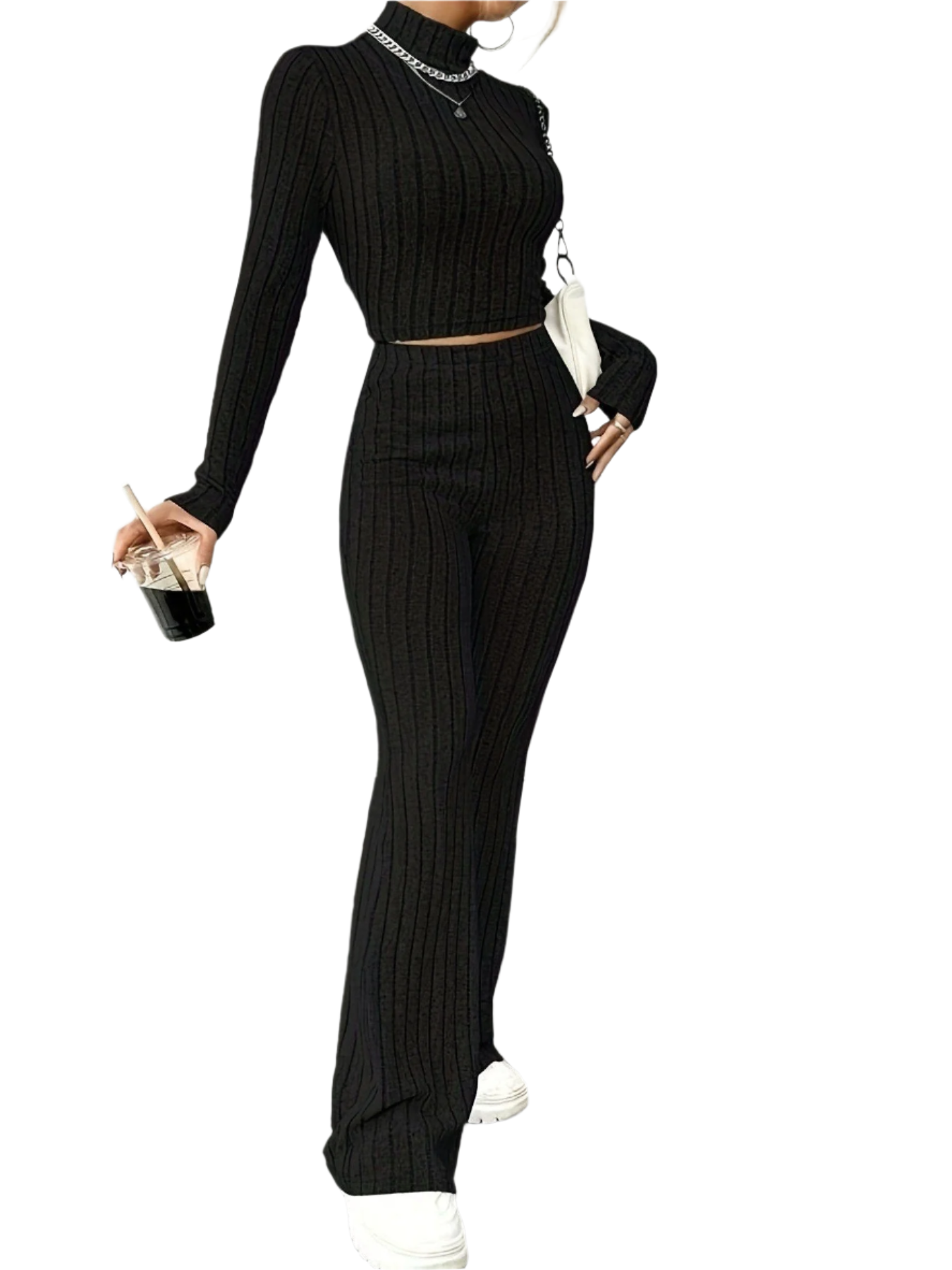 Isabella – Ribbed Knit Turtleneck and Flared Pants Set For Women