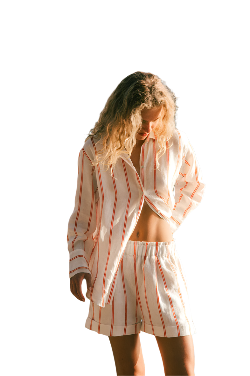 Adriana – Red Stripe Linen Shorts & Long Sleeve Set for Women